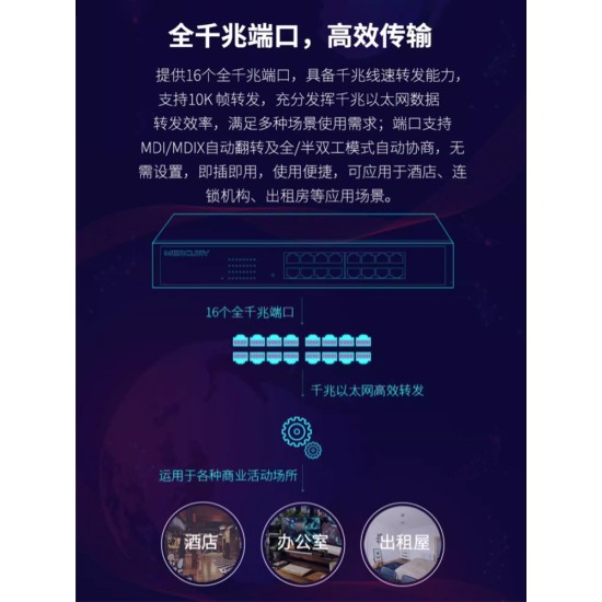 水星 24口16口千兆交换机 网线分线器网络分流器 集线器钢壳监控商用家用高速企业分配器 路由器超百兆交换器