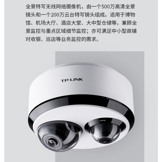 TP-LINK 双目全景鱼眼监控摄像头 360度高清家用企业酒店超市监控器无线WiFi远程网络摄像机 TL-IPC55T2