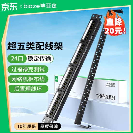 毕亚兹 六类配线架24口 非屏蔽CAT6网线配线架 镀金1U机架式机柜工程网络跳线理线槽 TT83