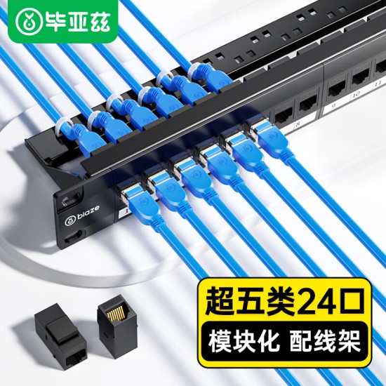 毕亚兹 六类配线架24口 非屏蔽CAT6网线配线架 镀金1U机架式机柜工程网络跳线理线槽 TT83