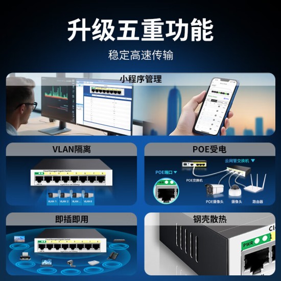 火翼8口千兆交换机 云网管监控网络网线分线器 分流器 金属机身