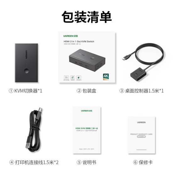 绿联KVM切换器4K高清HDMI视频切屏器二进一出 共享器 适用USB打印机/键鼠接两台电脑共享显示器90809