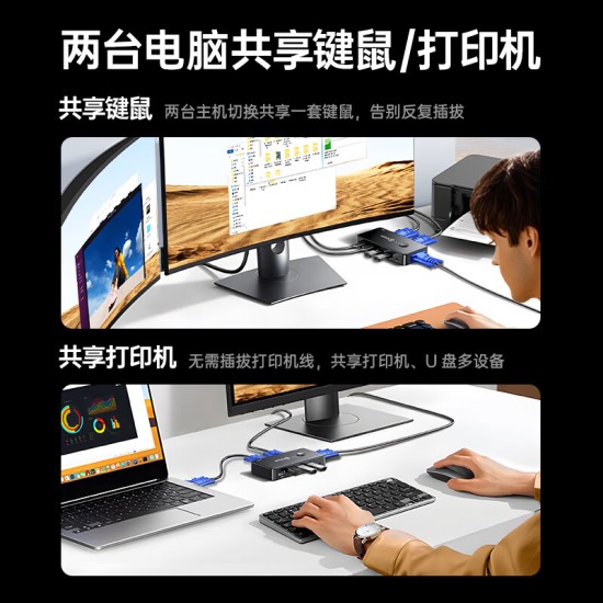 毕亚兹 VGA KVM切换器视频切屏器 二进一出台式主机笔记本电脑转换器 2口显示器键盘鼠标打印机共享器